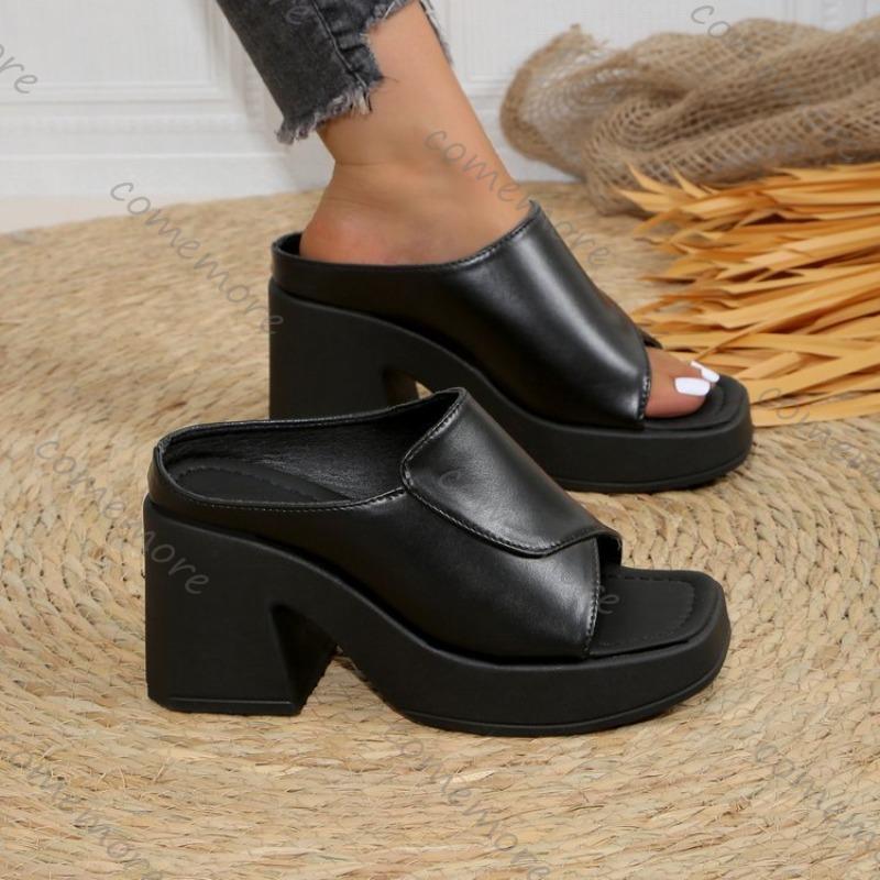 Fashion Comemore Summer New Square Head Solid Slippers for Women Platform Casual Large Size Women's Shoes Black Thick High Heeled Slides