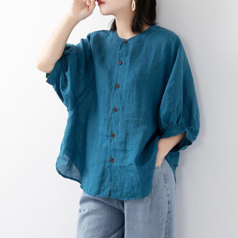 Cotton and Linen Shirt Women's Spring and Summer Thin Solid Color Lantern Sleeve Stand Collar Top Loose Large Size Shirt
