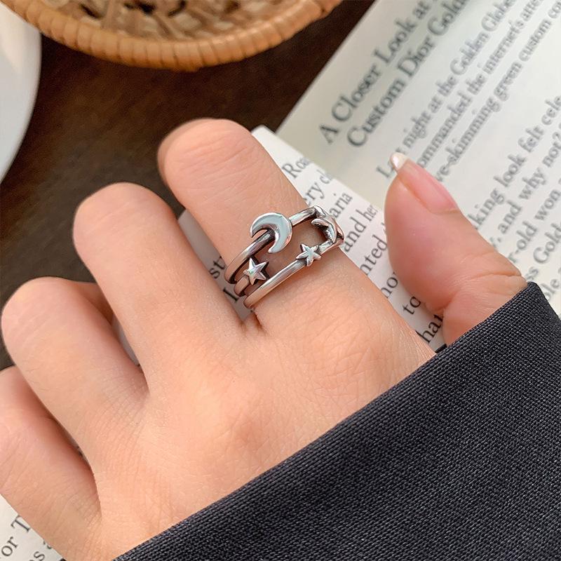 Lan Zhi Star Moon 925 Sterling Silver Women's Hip Hop Open Ring - Non-fading, Unique Design.