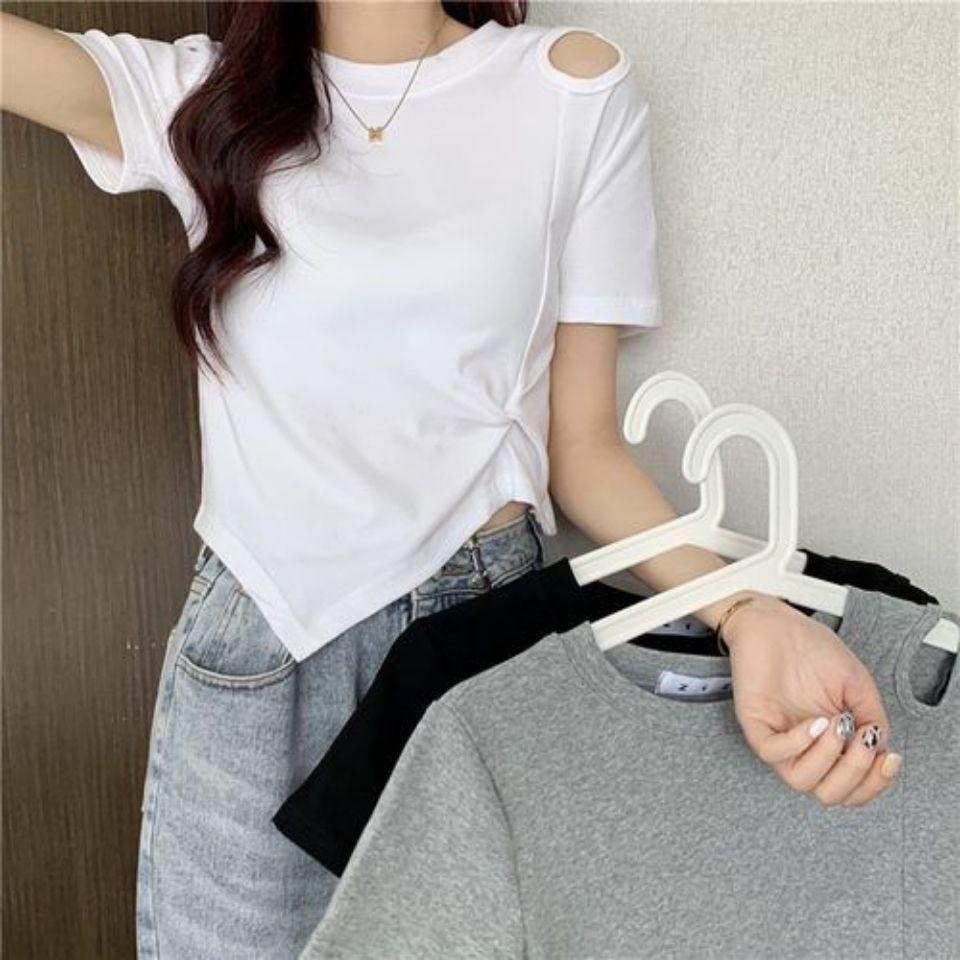 Summer 2025 Hot Pink High-Waist Slim Fit Hollow Short-Sleeve T-Shirt for Women