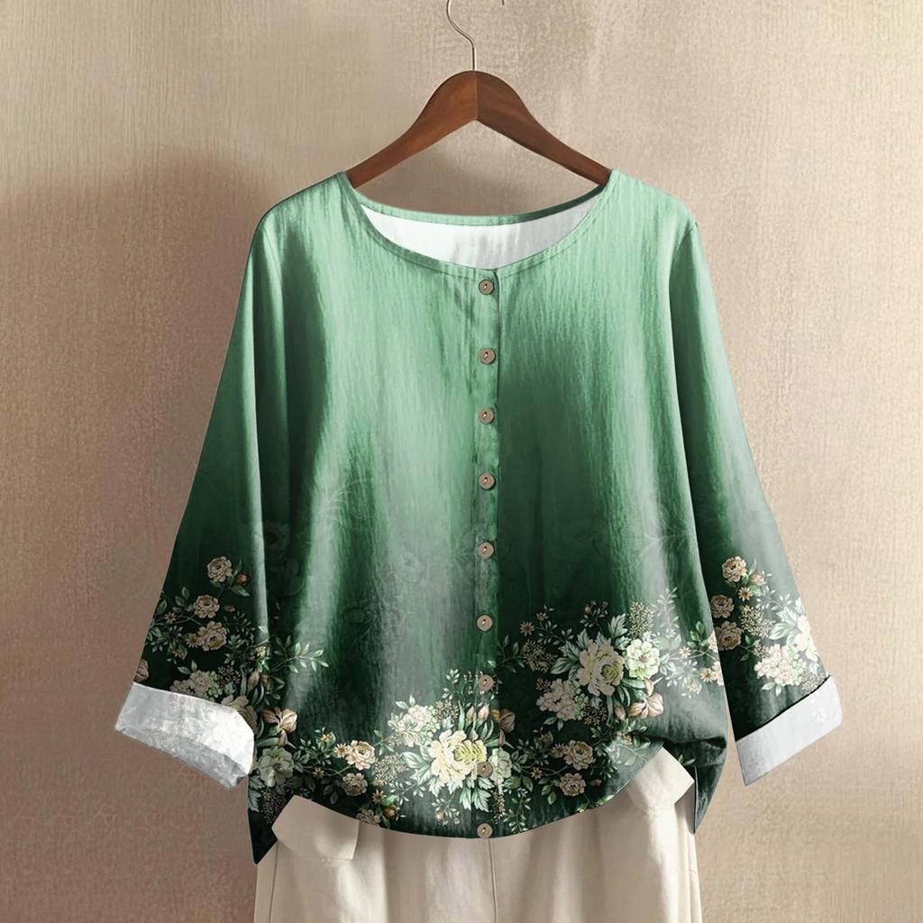 Women's Casual Long-sleeved Round-neck Retro Gradient Printed Cotton And Linen Top