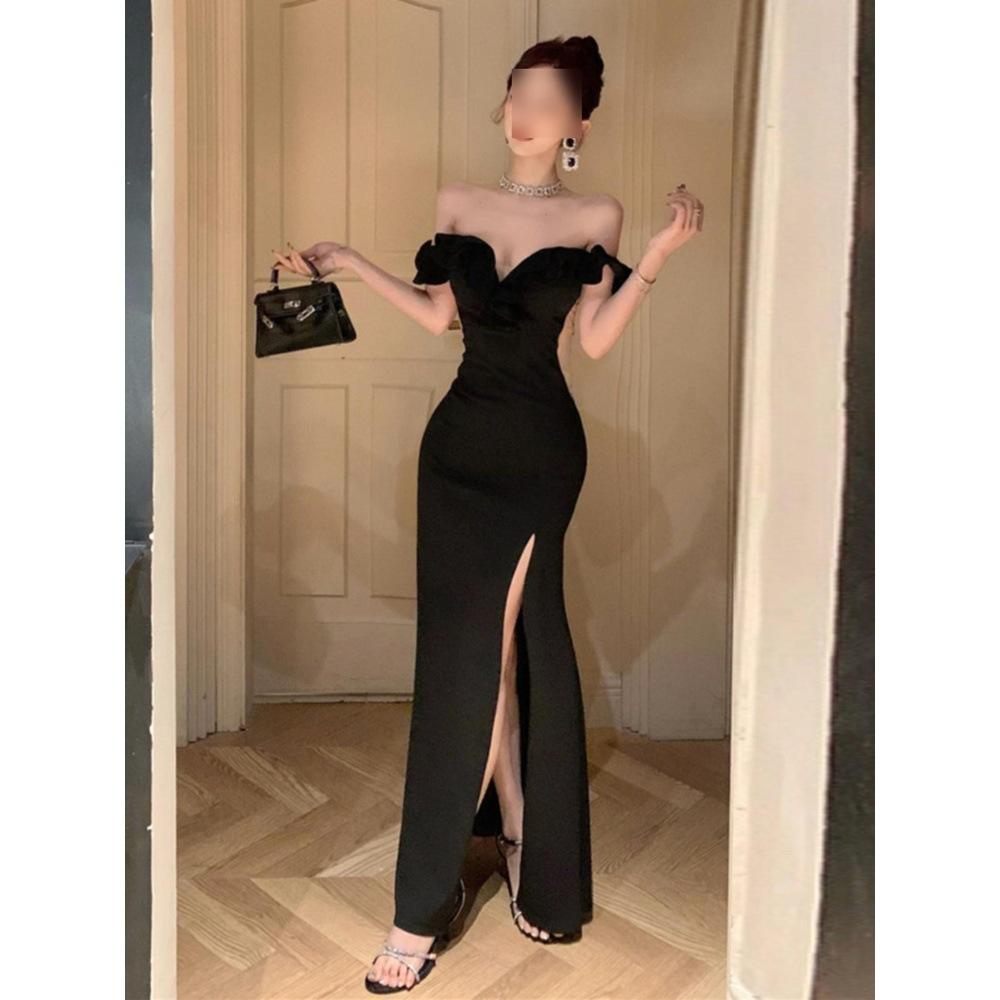 French Celebrity Royal Sister Pure Desire Wind One-word Shoulder V-neck Low-cut Long Dress Banquet Evening Dress Hip-wrapped Split Dress