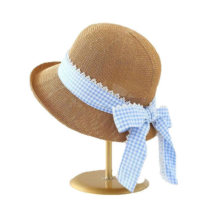 Blue plaid bow hat women, new fisherman hat, outdoor travel seaside, stylish vacation sunhat