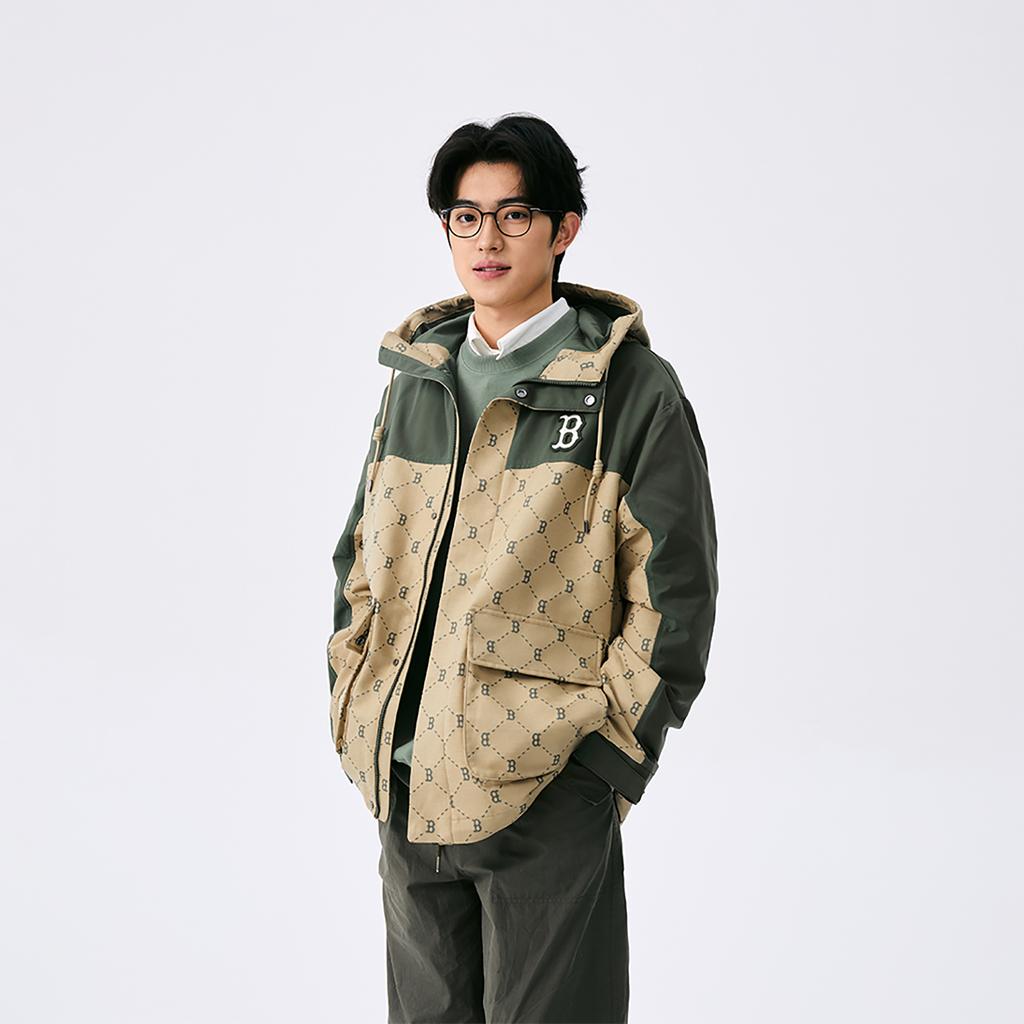 New MLB MONOGRAM Collection Boston Red Sox SS25 Windproof Jacket Unisex Dark Khaki 3AWJM0151-43KAD