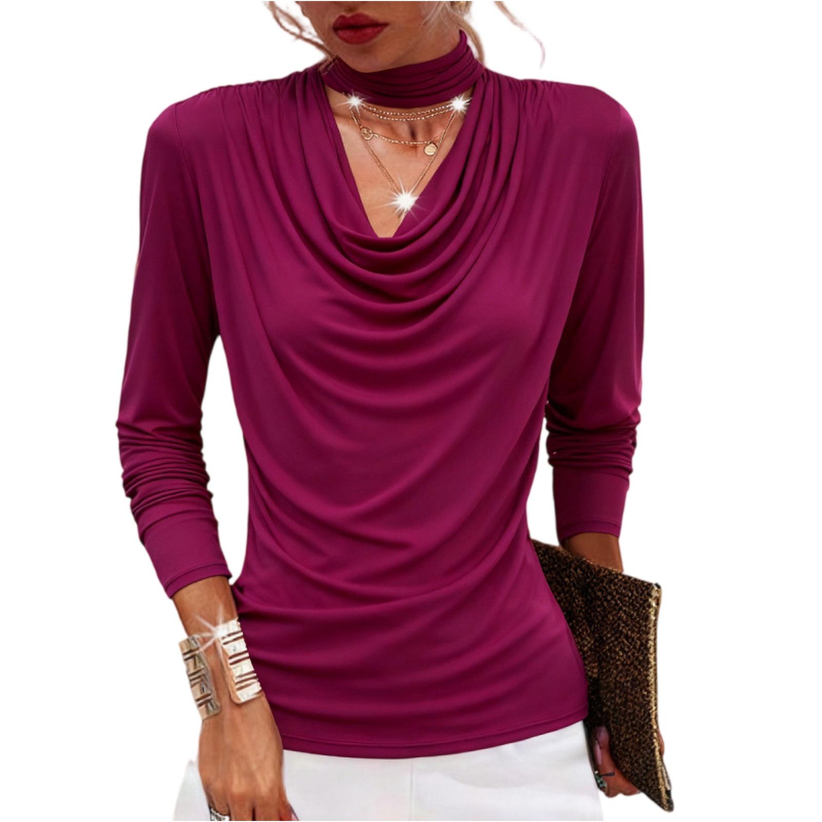 

Fashionable Women s Cross-neck Pleated Long-sleeved T-shirt, Slim Fit, Mesh Design Base Layer Top XL червоний