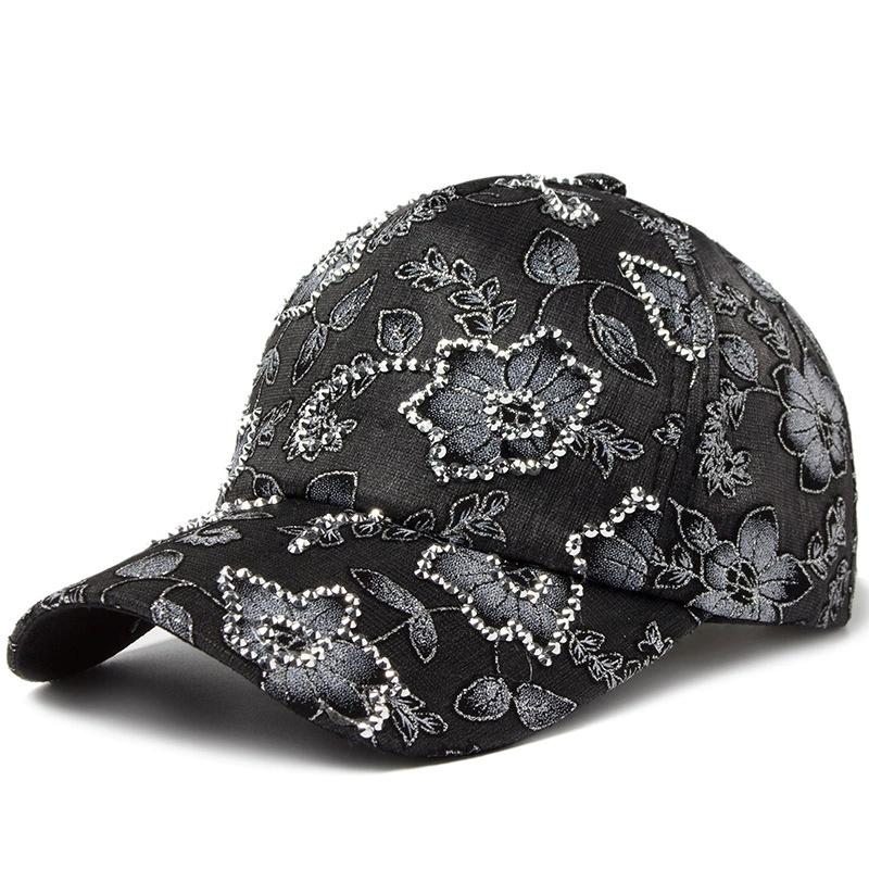 Damen Baseballkappe Blumenmuster Strass Spitze Atmungsaktiv Sonnenschutz Gebogener Schirm Modekappe Street Dance Party Lässig Neu