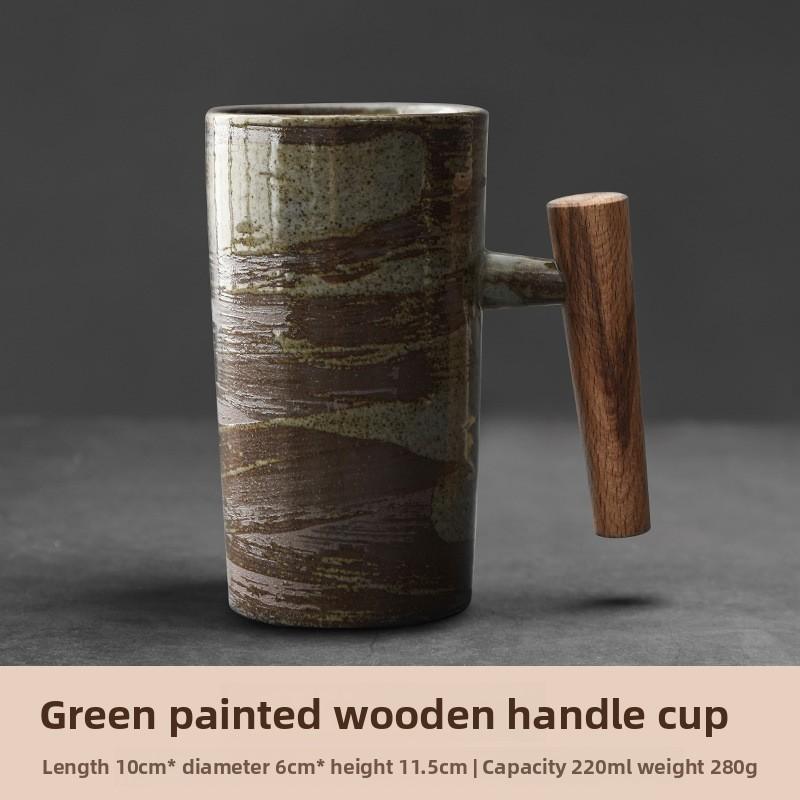 Vintage Ceramic Mug with Wooden Handle Japanese Style Coffee Cup for Couples Home Use