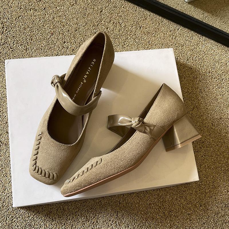 

Retro temperament stringed square head thick heel single shoes women s middle heel soft leather one-word buckle with Mary Jane 35 хаки