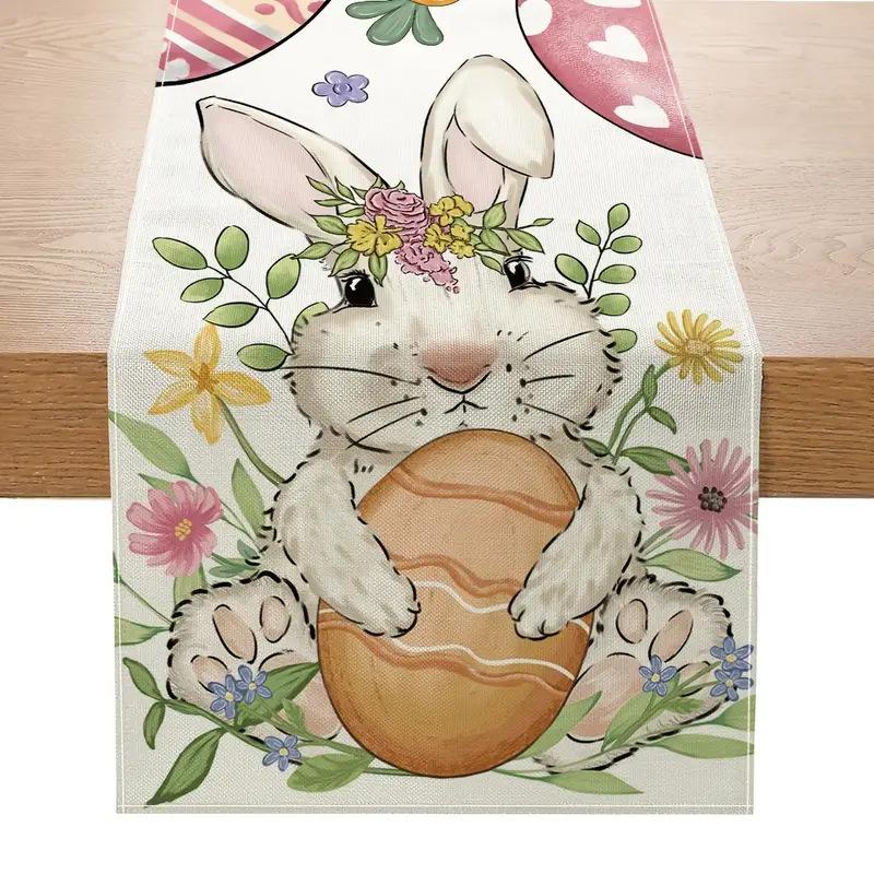 New Linen Happy Easter Table Runner Egg Rabbit Easter Tablecloth Bunny Placemat Dining