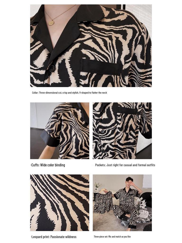 Ice Silk Couple Pajamas: Summer Silk Three-Piece Set with Short Sleeve, Shorts, and Long Pants In Elegant Horse Pattern for Homewear.