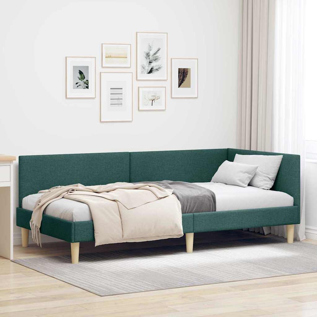 Corner Bed Frame Dark Green 80 Cm X 200 Cm Fabric and Plywood
