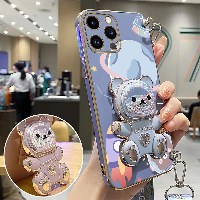 Space Bear Lanyard Holder Case For 14 15 11 12 13 Pro Max Mini 8 7 6 S Plus X Xr Xs Max Crossbody 15pro Strap Stand Cover