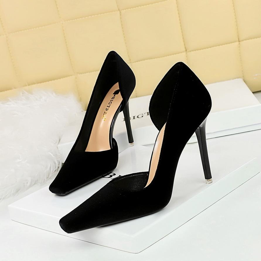 Women's Banquet High Heels Slim Heels Shallow Mouth Square Head Side Hollow Single Shoes