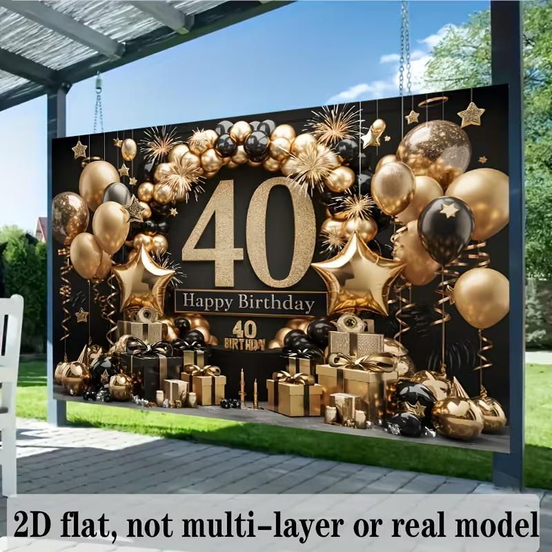 2D 40th Birthday Backdrop Black Gold Glitter - 40 Years Old Party Photography Background