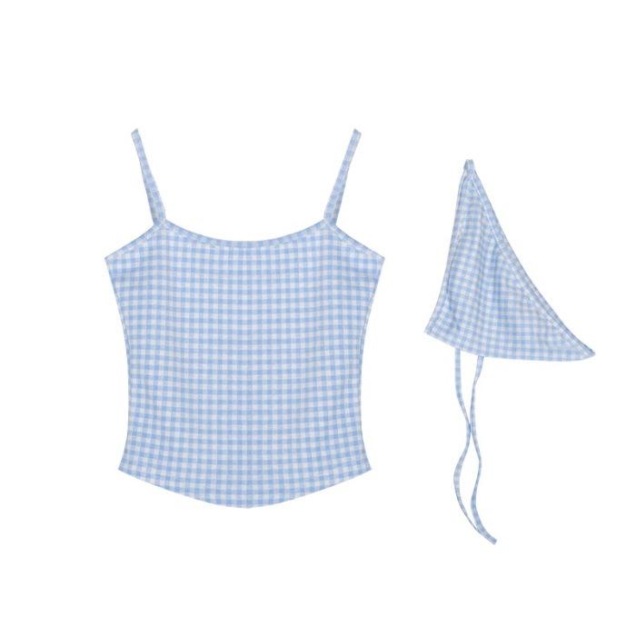 New summer women's clothing, Japanese and Korean BM Spice Girls pure desire sexy blue plaid suspender vest, crop top