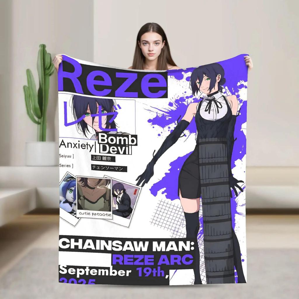 Chainsaw Man Reze Flannel Blanket Soft Warm Throw for Bedroom Sofa Picnic Bedspread or Street Trend Cover