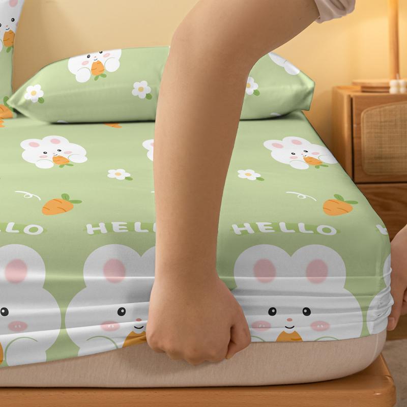 1 Cartoon Cute Plant Flower Rabbit Printed Matte Fitted Sheet, Bedroom Printed Bed Cover, Bedding (excluding Pillowcases)