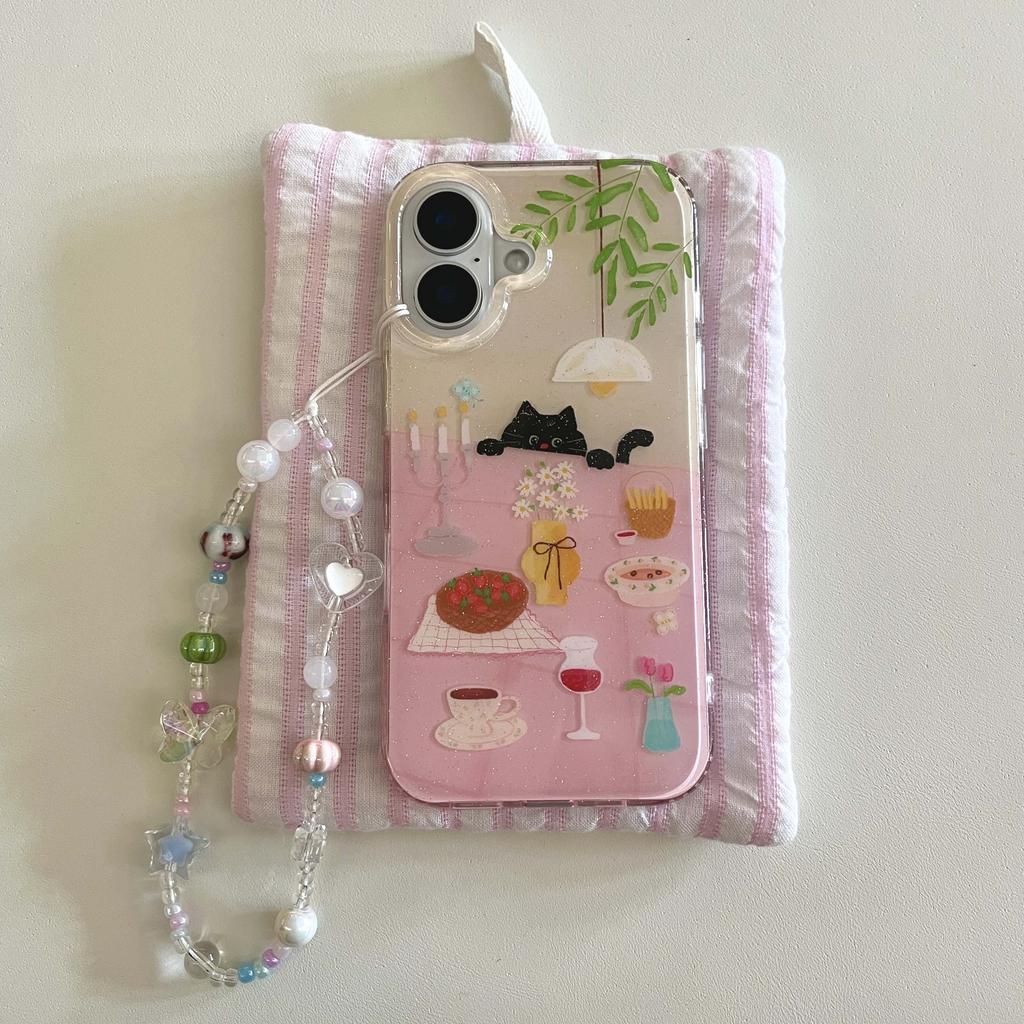 Imd shell glitter flower cherry cat back cover for iphone 15 16 pro max 13 14 promax cartoon bracelet phone case