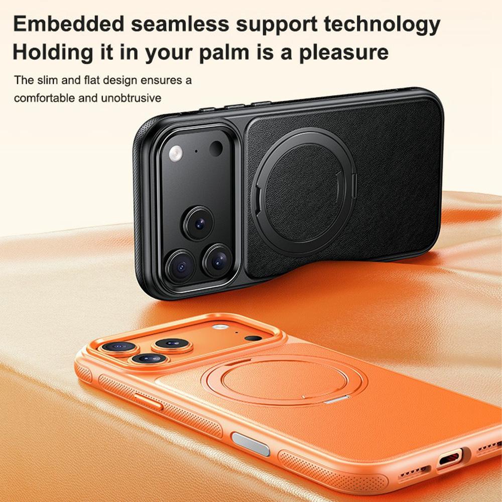 For iPhone 17 Pro Case Compatible with MagSafe Rotating Kickstand Litchi Texture PC TPU Phone Cover