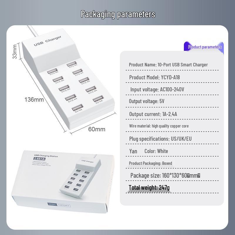 10-Port USB Charger 5V2A Smart Fast Charging Hub for Apple and Xiaomi Devices