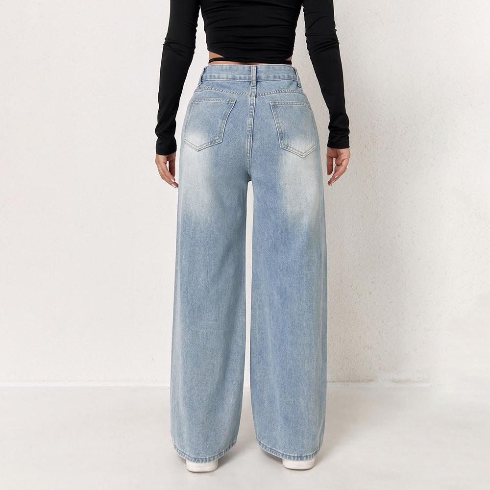 PUFFANPOP Women's Wide Leg Jeans Retro Wash High Waisted Denim Pants Loose Straight Jeans Y2K