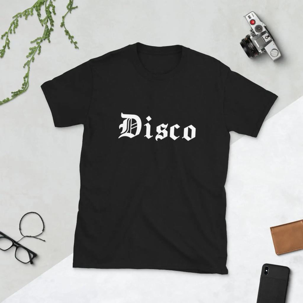 May Include Black T Shirt With A White Disco Graphic In Gothic Font Vintage Slightly Stylish Breathable Versatile Homme