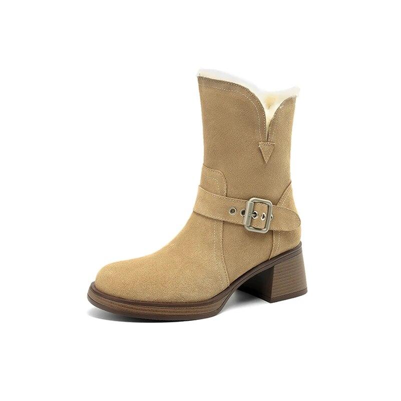 

Meotina/женские ботильоны из натуральной кожи, шерстяные зимние ботинки с круглым носком на толстом высоком каблуке и пряжкой, женская модная обувь, зимняя обувь 42 34 верблюд