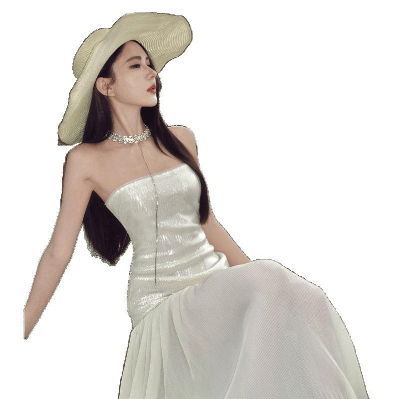 Seaside Vacation Long Dress Summer High Sense Socialite Mopping Mesh Skirt Tube Top Sequined Dress Women
