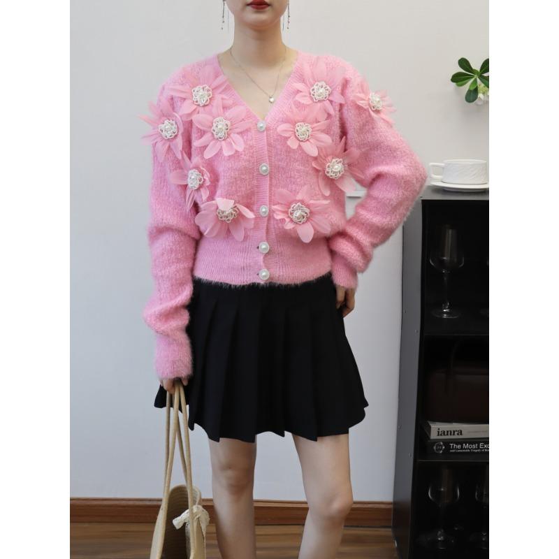 

Короткий кардиган крупной вязки с трехмерными цветочными бусинами, осенне-зимний новый дизайн, темпераментная куртка-свитер для женщин one size fits all розовый