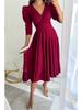 Dámské podzimní 2022 jednobarevné rozšířené šaty s řasením v pase a sedmirukávy