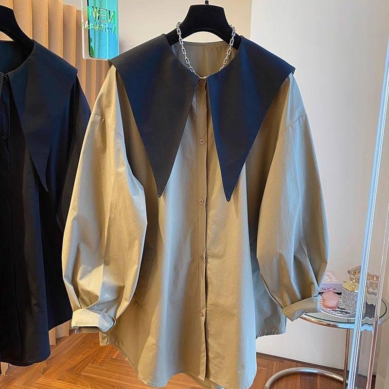 

2026 Spring Chic Slimming Long Sleeve Lapel Shirt for Women 3XL хаки