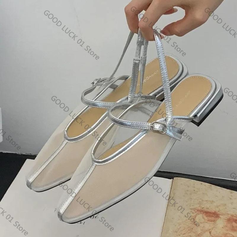 Fashion Silver Mesh Breathable Summer for Flat Sandals Women Fashion Square Toe Back Strap Designer Mule Shoes Comfort Beach Casual Shoe