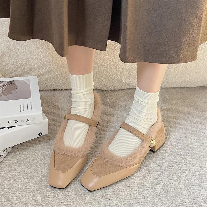 Fashion Square Toe Shallow Fur Loafers Women Boots Winter New Suede Retro Elegant Shoes Women 2025 Trend Party Cozy Fashion Boots Mujer
