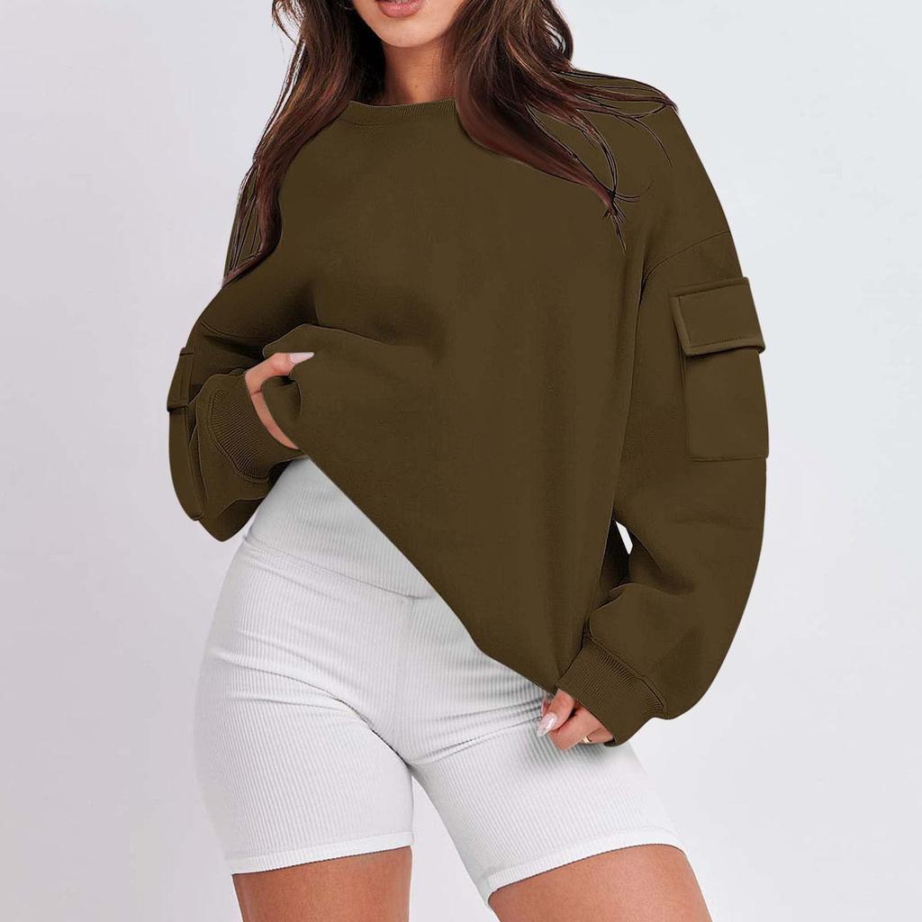 Women's Fashion Casual Solid Color Autumn And Winter Loose Round Neck With Pocket Pullover Sweatshirt Top