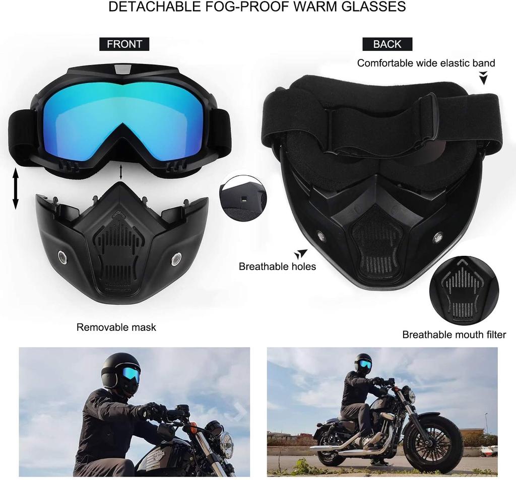 Motorradbrille Maske Motocross Motorrad Abnehmbare Offroad-Ski-Brille für Open-Face-Helm Wind Staubdicht Mundfilter