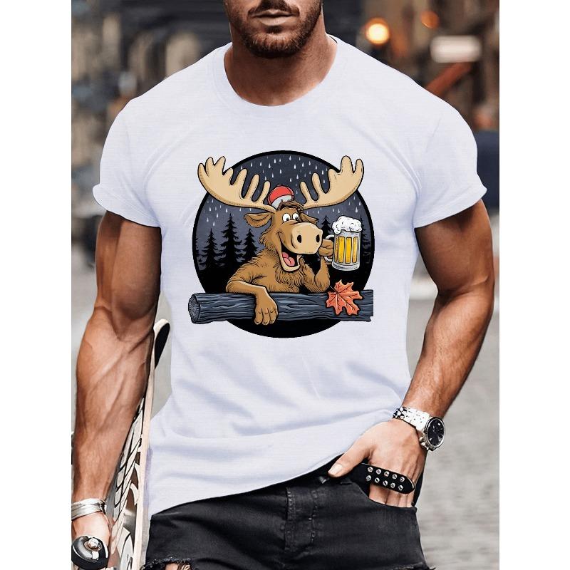 

Мужская летняя футболка большого размера, Веселый лось с пивом, Графический принт, Короткий рукав, Трендовые повседневные топы для повседневной жизни, Мужчины большого роста S белый