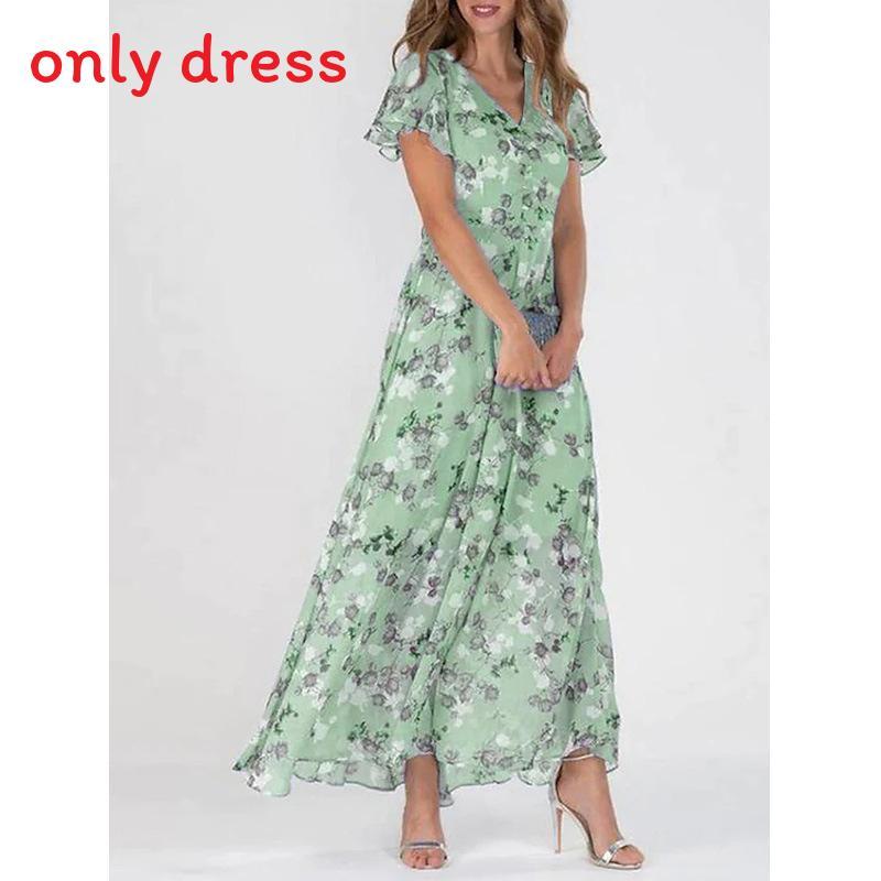 Basic Style Flowy Chiffon Floral Maxi Dress With Ruffle V Neck For Summer Casual Wear