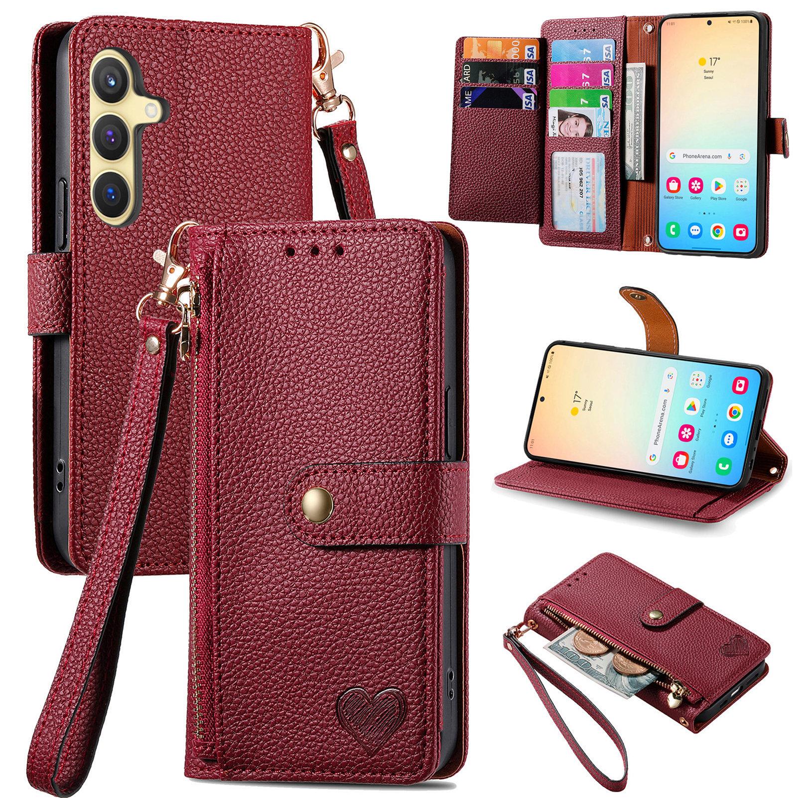 

For Samsung Galaxy S25+ Case RFID Blocking Zipper Pocket Leather Wallet Phone Cover with Strap Red