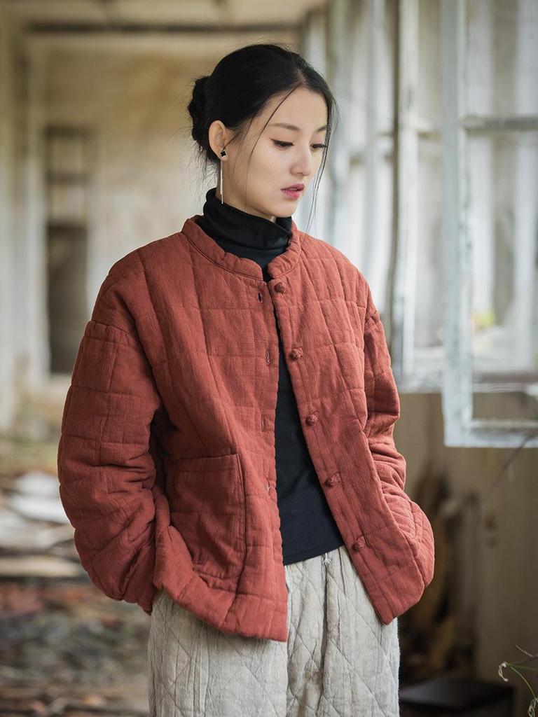 Women's New Style Winter Quilted Plaid Cotton Jacket: Fashionable Literary Short Ramie Coat