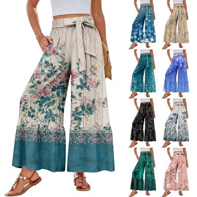 Women's Wide-Leg Casual Pants, Stretch, High Waist, Ruffled Hem, Wide Legs, Belted, And Pockets