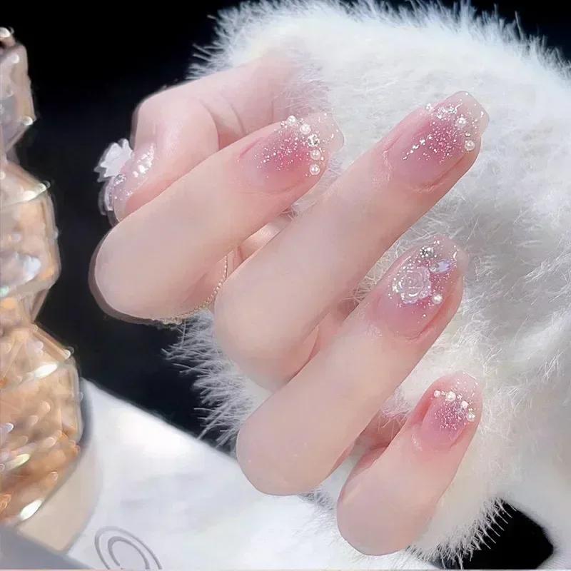 24 Stück Niedliche Girly Kurze Quadratische Falsche Nägel Süße Weiße Französische Nägel Glitzer Stern Strasssteine Nagelkunst Katzenauge Schleife Press-On Nägel