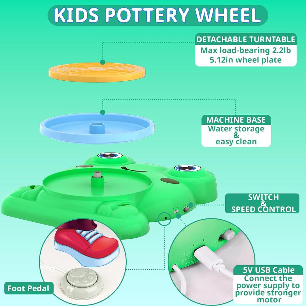 Pottery Wheel for Kids - Complete Pottery Painting Kit Arts and Crafts for Kids Ages 8-12 with 3 Pack Air Dry Clay Art Supplies Toys for Girls Boy