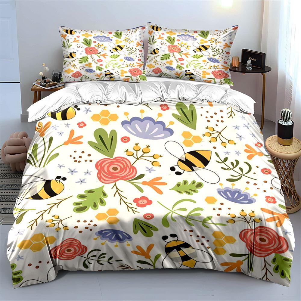 Floral Bee Pattern Set For Spring Exquisite Three-Piece Bedding Set Gift For Kids And Adults