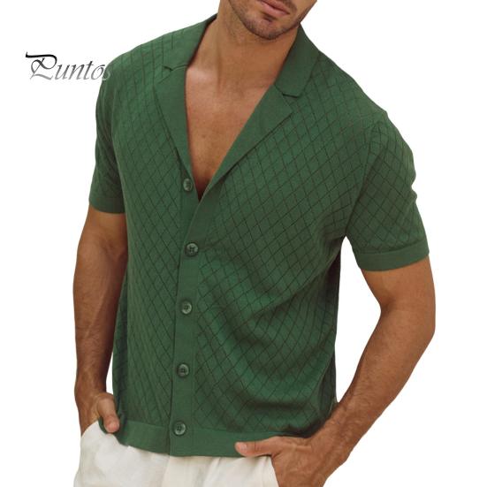 

Мужская жаккардовая трикотажная рубашка с коротким рукавом, застегивающаяся на пуговицы, с кубинским воротником, узором в виде ромба, повседневная рубашка для повседневной носки, вечеринок, путешествий L