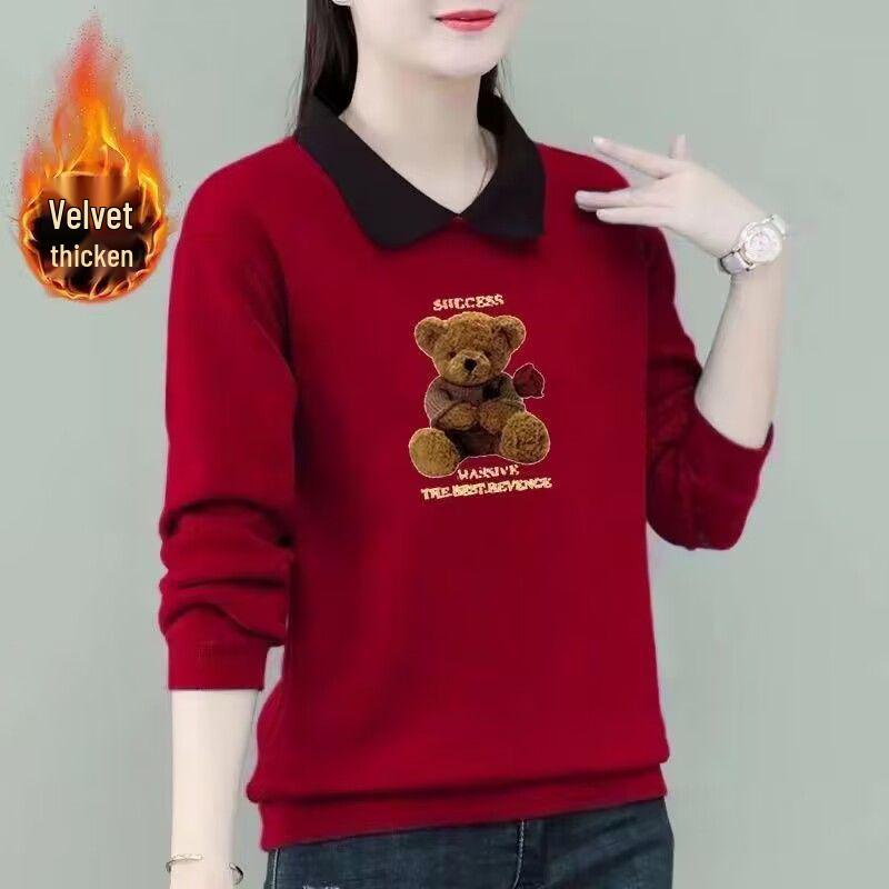 

2025 Autumn/Winter Women s Plus Size Velvet Polo Collar Long Sleeve Cartoon Print Sweater M