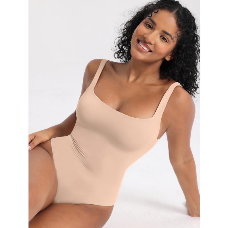 Women High Waist Double Layer Tummy Control U Back Solid Bodysuit