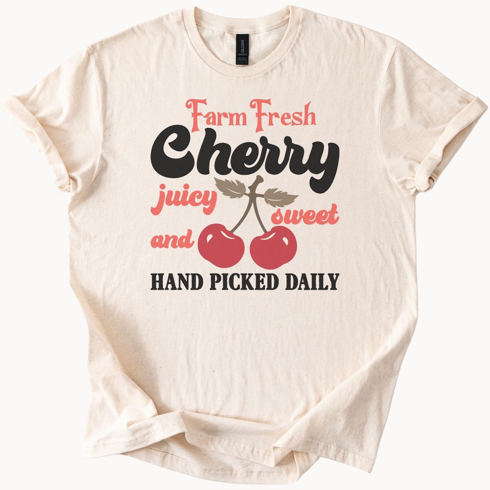 Farm Fresh Cherry Hand Picked Daily Graphic T Shirt Sweet Juicy Fruit Retro Style Cherries Lovers Cute Country Farmer Market Tee Top 140