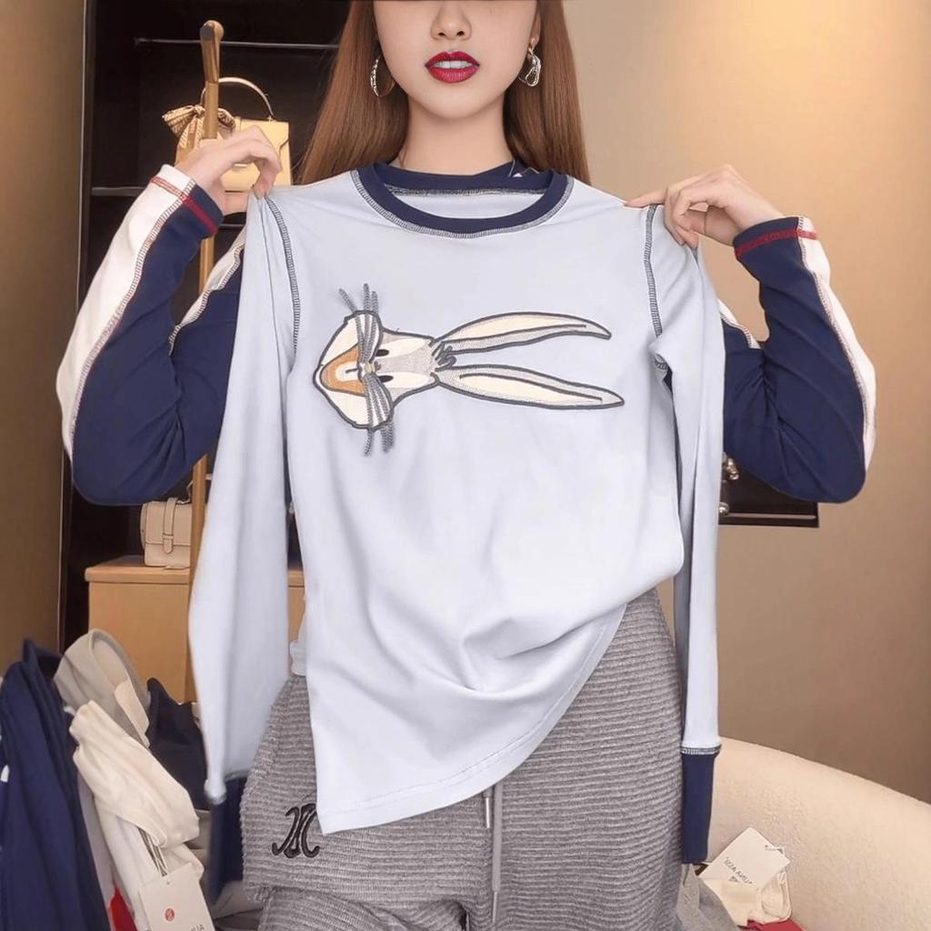 2025 Plus Size Rabbit Embroidery Long-Sleeve Slimming Fashion Top for Women