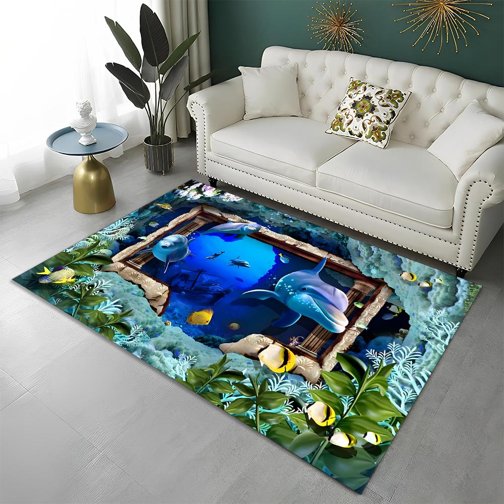 3D Seabed Illusion Underwater World Carpet Rug for Home Living Room Bedroom Sofa Doormat Decor,kids Area Rug Non-slip Floor Mat