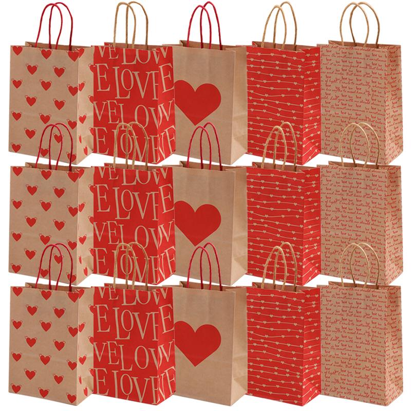 5/10pcs Valentine's Day Kraft Paper Bag Party Small Gift Packaging Bag 15x8x21cm LOVE Heart Style Gift Bag Party Favor Supplies